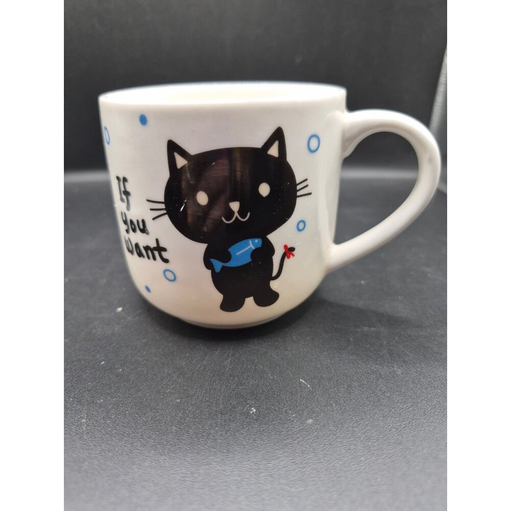 DAISO Japan Cute Black Cat Ceramic Coffee Mug Blue Fish Polka Dot Design 10 Oz